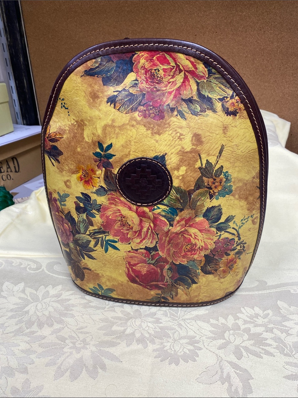 Floral Yellow & Brown Leather Backpack